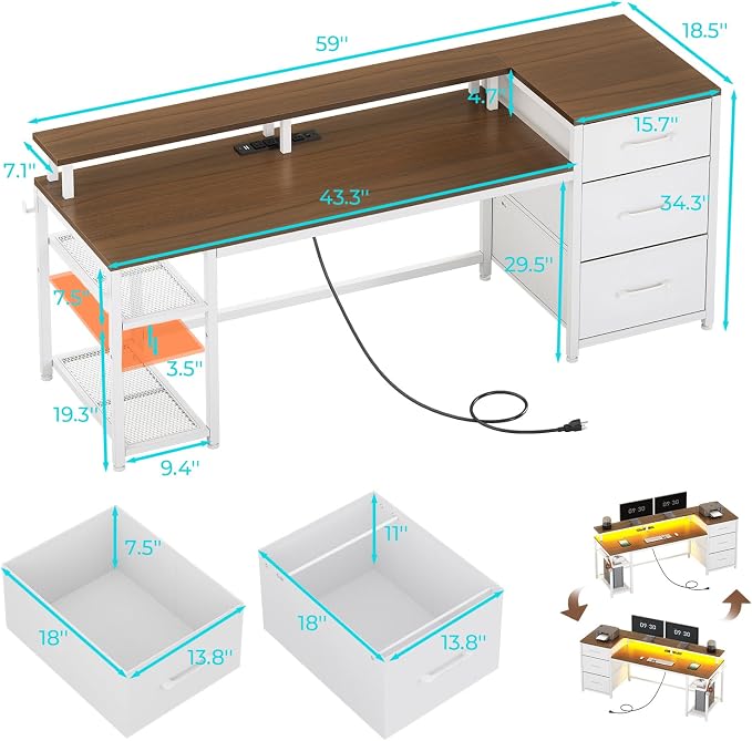 SEDETA 59" Office Desk with Drawers, Reversible Computer Desk with File Drawers & Storage, Gaming Desk with LED Lights & Power Outlet, Home Office Desks for Printer, White and Brown