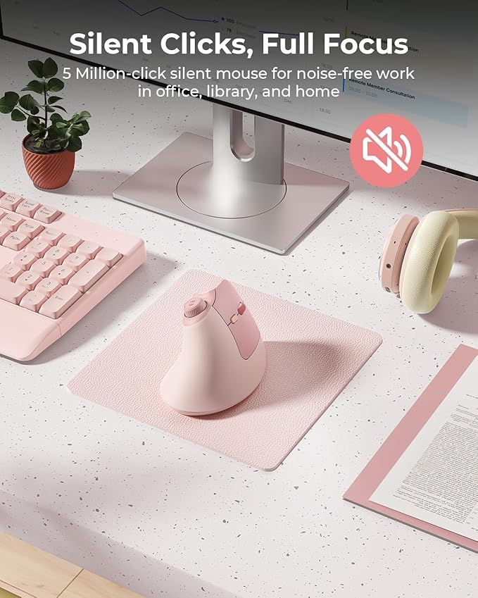 seenda Ergonomic Mouse Wireless, MOU-302 Bluetooth Vertical Mouse Rechargeable, Optical Mice with 1000/1600/2400 DPI, Volume Knob, 3 Multi-Device Connectivity for Computer/PC/Laptop/Mac, Pink