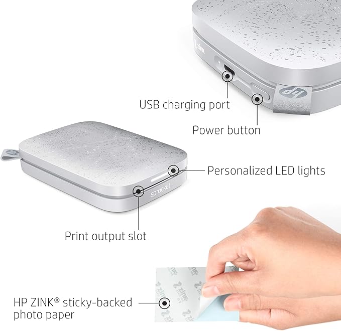 HP Sprocket 2x3 Instant Smartphone Photo Printer 75 Sheets Bundle - Bluetooth Portable Color Wireless Mobile Printer (Luna Pearl) Zink Sticky-Back Photos
