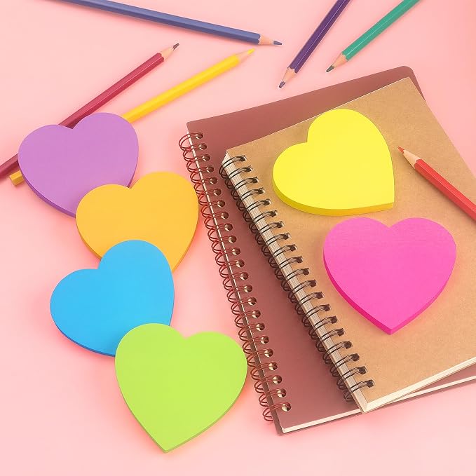 SIMONA Heart Shape Sticky Notes 6 Bright Colors, 450 Sheets | Cute Heart Self-Sticky Note Pads, 6 Bright Assorted Colors Sticky Notes for Office, School, Family