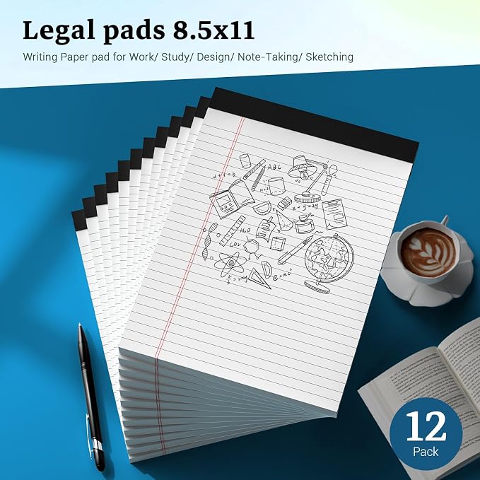 White Legal Pads 8.5 x 11 Notepads, 12 Pack Writing Paper Note Pads 8.5x11 | Perforated Wide Ruled Lined Writing Pads 30 Sheets for Home Office School Work, Legal Notepads Double-Side Printed Per Pad