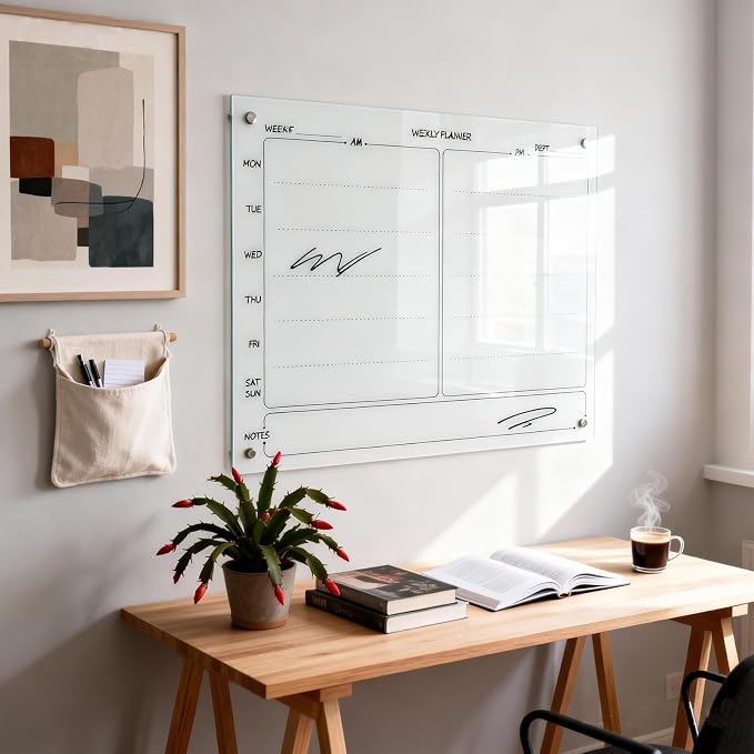 Glass Whiteboard 24"X36" Weekly Calendar Writeboard Magnetic Planner WritingBoard Dry Erase Board Frameless White Board for Office School Home Tray, 3 Marker,4 Magnets and 1 Eraser