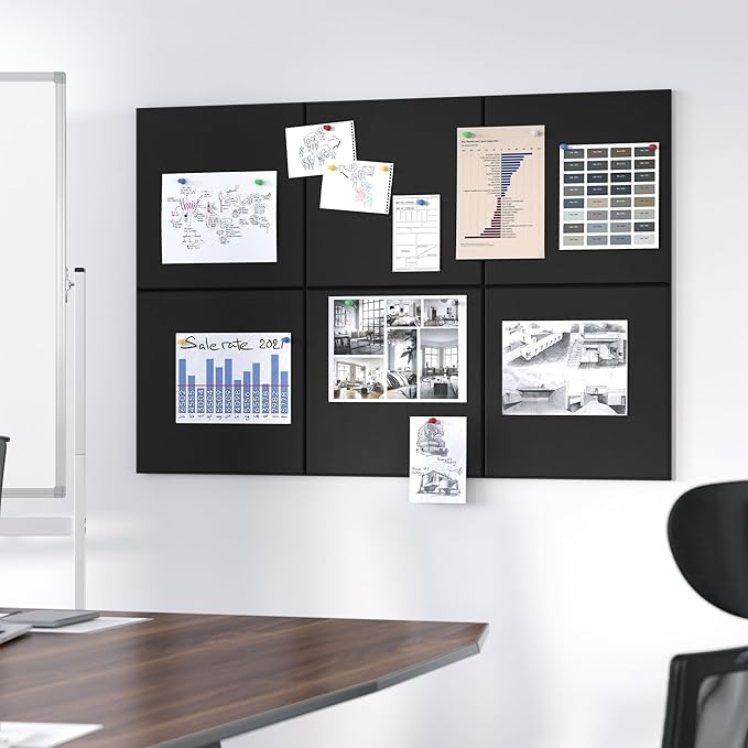 Large Cork Board for Wall, Black Felt Bulletin Board with Pushpins, 36" x 24" 6 Panels Wall Tiles, Tack Push Pin Boards for Office