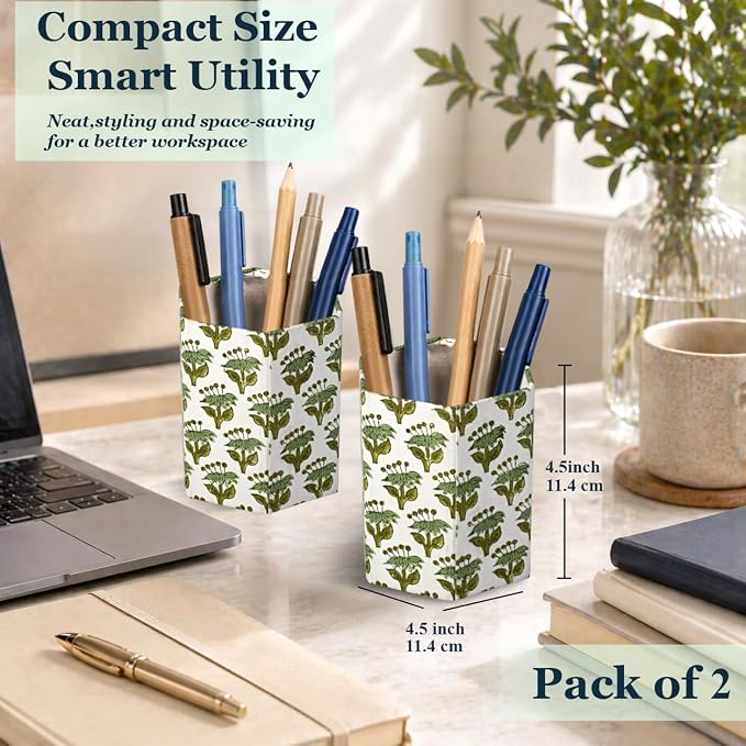 CPC Emerald Green Block Print Cotton Pen Holder Set of 2 | Boho Makeup Brush Holder Floral Pencil Cup Girls Kids Durable Stand Desk Organizer Storage Floral Office Supplies, Classroom