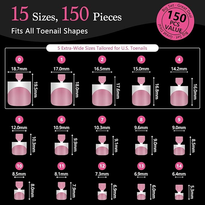 Toe Nails Press On French Tips for Women, 15 Sizes 150 Pcs Sharp Square Pre-applied Primer & Base Coat Toenail Press Ons Baby Pink Full Cover Fake Tips Extension