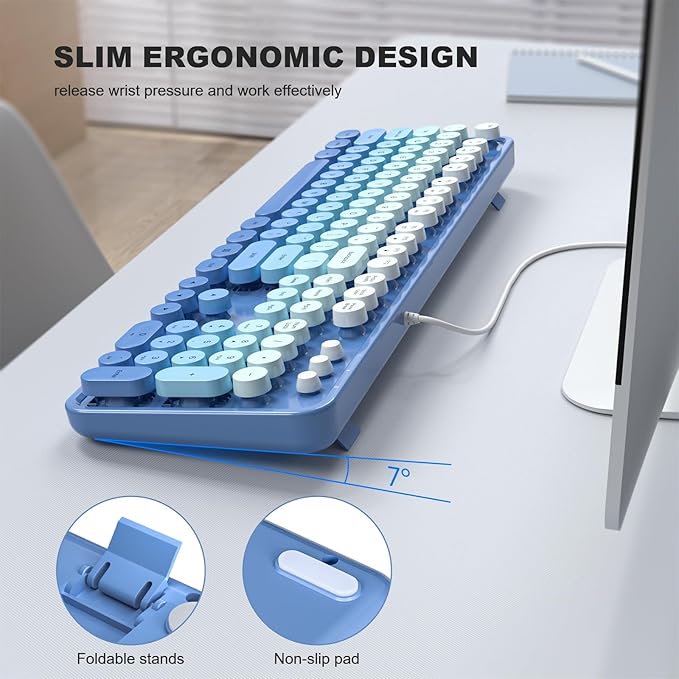 Computer Keyboard Wired, Plug and Play USB Retro Round Typewriter Keyboard, Full Size Wired Keyboard with Foldable Stands for Laptop and Office PC