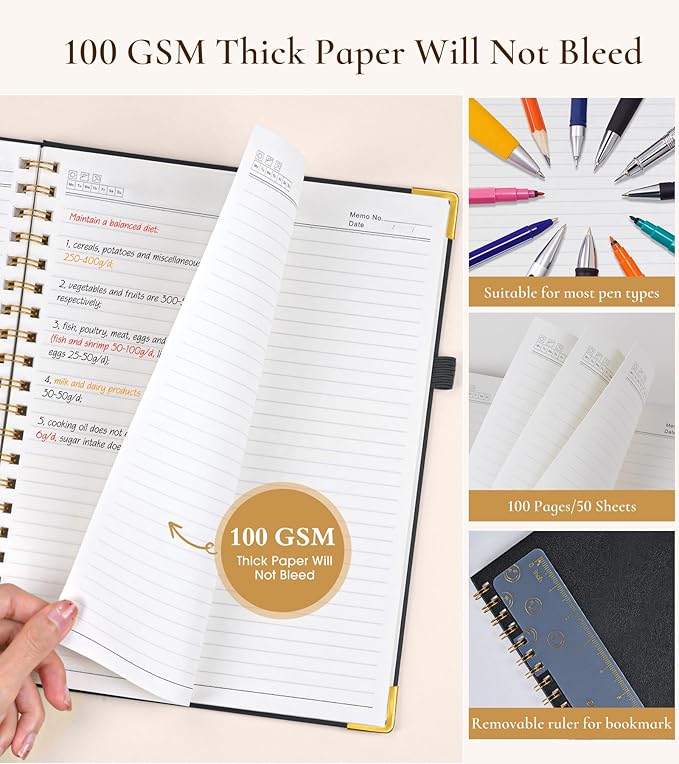 Hardcover Spiral Notebook Journal 8.5” x 11”, A4 Large Leather Notebooks for Women Men, Lined College Ruled Notebook, 100 GSM Paper, Spiral Bound Journals for Work School Note Taking Business, Black