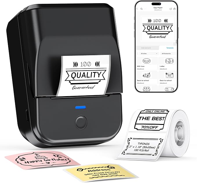 PM240 Label Maker Machine with Tape, Label Printer Black, Set 1 | 2'' Bluetooth Thermal Sticker Label Maker for Small Business, School Supplies, Classroom, Home Office with Multiple Templates