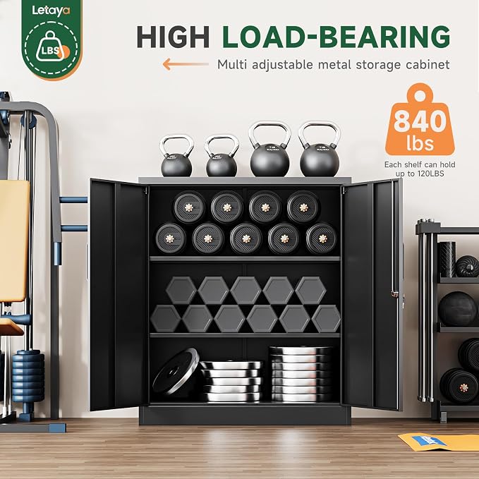 Metal Storage Cabinets with Lock, Small Locker Steel Cabinets, Adjustable Shelves 2 Doors for Home,Office, Warehouse,Garage(Black-36)
