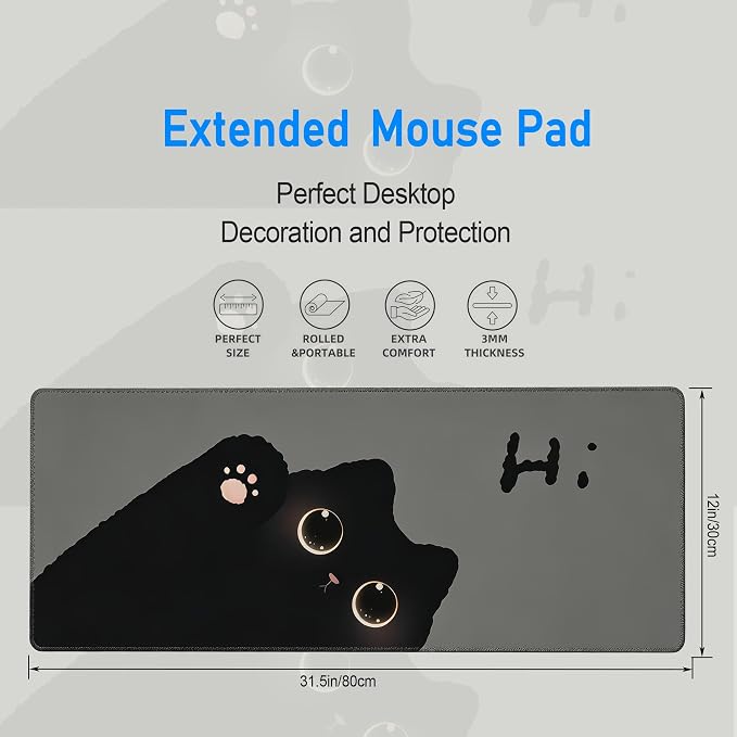 Black Cat Desk Mat,Large Cute Grey Aesthetic Mouse Pad,31.5 x 12 in | Minimalist Kawaii Gaming Mousepad,XL Girly Desk Decor Deskmat for Women,Stain Proof Computer Keyboard Pad,80 x 30 cm