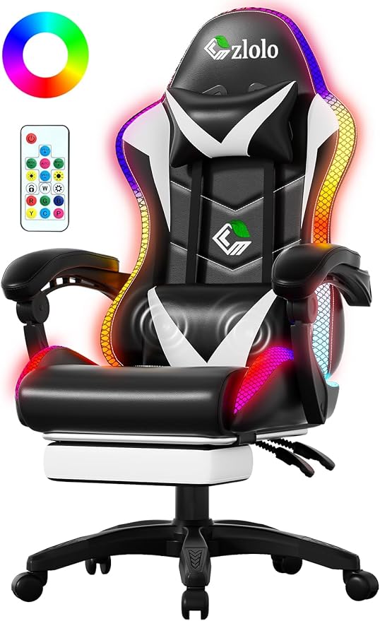 Gaming Chair, RGB LED Lights Computer Chair with Footrest, Lumbar Support Massager Gamer Chair, High Back, 90-135° Reclining, Linkage Armrests, White