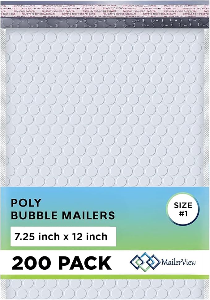 Arctic White Bubble Mailers 7.25x12 Poly Padded Envelopes #1 200 Pack | Fits Comics, Photos & Cards, Self-Seal Closure, Cushioned Protection, Water-Resistant Poly, Made in USA
