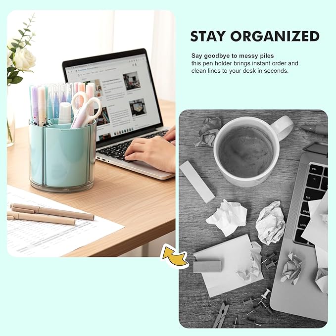 Comix 360° Rotating Pen Holder for Desk, Pencil Holder with 5 Slots, Cute Green Plastic Desk Organizer for Home School Office Supplies