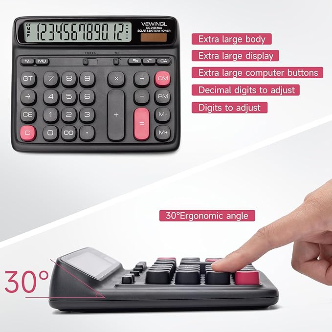 VEWINGL Desktop Calculator with Large LCD Display, 12-Digit Dual Power Solar & Battery Office Calculator with Big Buttons for Business, Accounting & Home Use (Black, L)