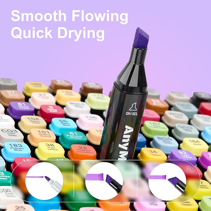 AnyMark Alcohol Markers, 120 Colors Dual Tip Art Coloring Markers Set for Adult Book Drawing Sketching Painting, Chisel & Fine, Black Penholder