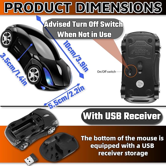 HuGuWdy Black Car Mouse，2.4G with USB Reciver 1600DPI Computer Mice Wireless for Computer Cute Wireless Mouse for Laptop Computer Tablet for Windows for Mac OS for Christmas（Black）