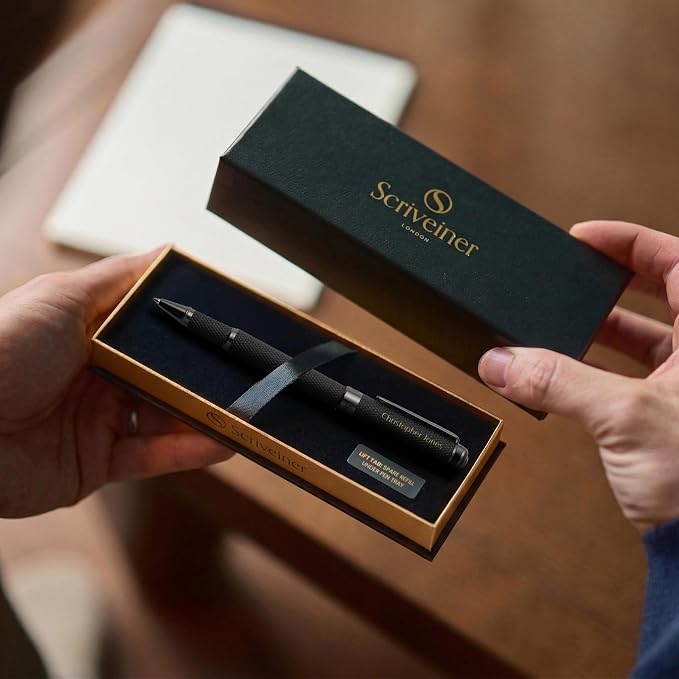 Scriveiner All Black Rollerball Pen - Stunning Luxury All Metal Matt Black Pen, Schmidt Ink Refill, Best Roller Ball Gift Set for Men & Women, Professional, Executive Office, Custom Name Engraving