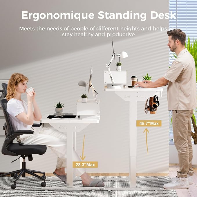 GTPLAYER Electric Standing Desk with Drawers, 55 x 24 Inch Height Adjustable Gaming Desk with Monitor Stand, Power Outlets & LED Lights, Home Office Sit Stand Up Desk with Memory Preset (White)