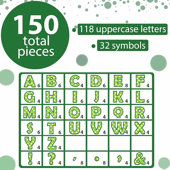 Qyeahkj 150 PCS Large 7" Font Bulletin Board Letters Punctuation Cutouts Combo Green Letters with White Polka Dots Border Decor for Classroom Alphabet Poster Wall Bulletin Board Display Home School
