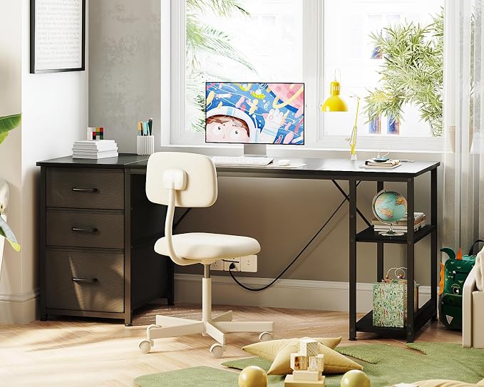 AODK 63 Inch Computer Desk with Drawers & USB Power Outlets | Reversible Home Office Desk with Storage Shelves, Work from Home, Modern Work/Writing/Study Table for Bedroom, Black