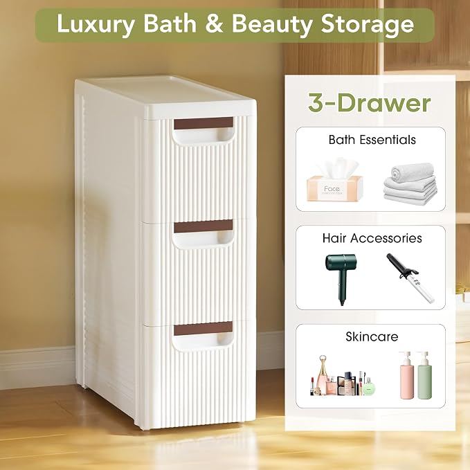 3 Drawers Narrow Bathroom Storage Cabinet, Slim Storage Cabinet, Plastic Slim Storage Cart Drawers for Small Spaces, Laundry, Office, Home, White