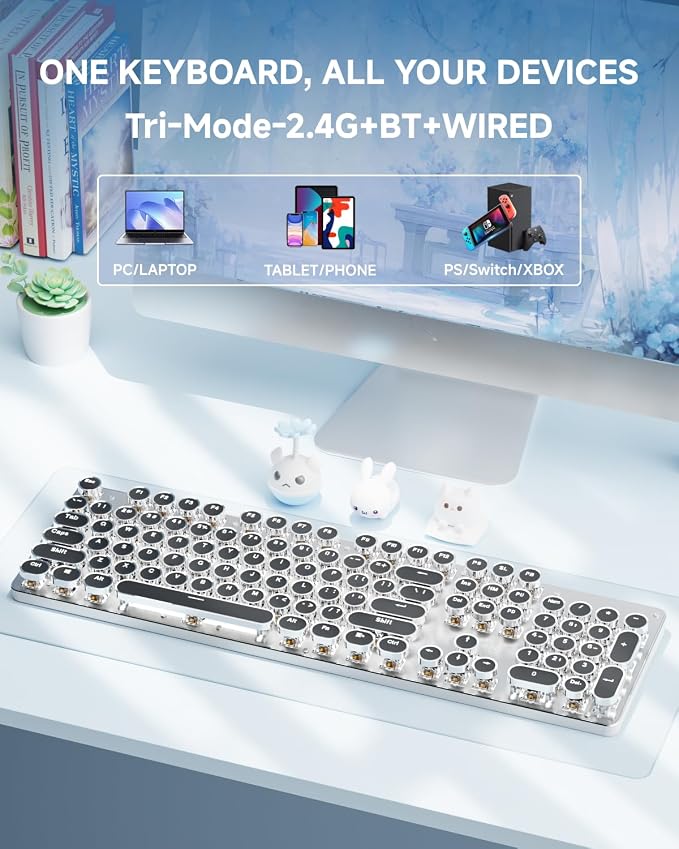 Wireless Typewriter Style Mechanical Keyboard with White Backlit, Full Size | Bluetooth/2.4G/Wired, Retro Punk Round Keycaps, Blue Switch for Windows PC, Mac, Desktop, Laptop, Blue, EWEADN TK950