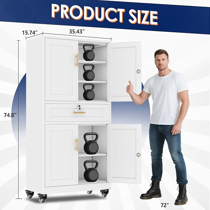 erosoei 75" H Metal Garage Storage Cabinet, Rolling Tool Cabinet | with 2 Doors and Wheels, Locker Steel Cabinet with 4 Adjustable Shelves and Drawer, Organization Cabinet for Garage,Gym