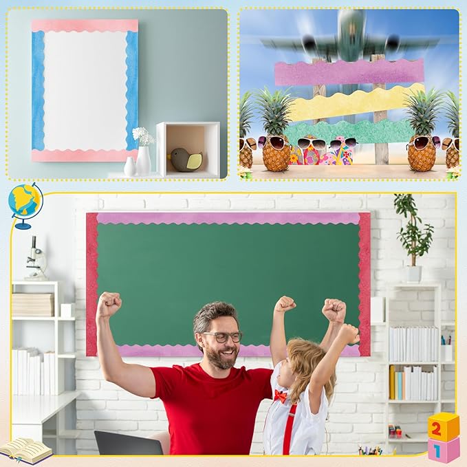 Containlol 236ft Watercolor Bulletin Board Decoration, Spring Classroom Bulletin Board Borders, Soft Scalloped Trim for Valentine School Office Poster Chalkboard Whiteboard Wall Decor