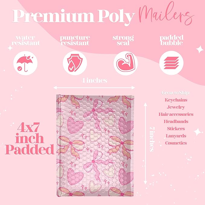 8.5x11 Designer Bubble Poly Mailer 50 Pack Heavy Duty Waterproof Self Seal Shipping Bags for Small Business Large Mailing Envelopes Bulk Tear Resistant Padded Pink Coquette Bubble Mailer