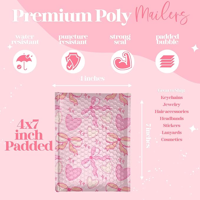 Designer Bubble Mailers 6x9, Pink Coquette, 50 Pack | Heavy Duty, Waterproof, Self Seal, Tear Resistant, Bubble Mailing Envelopes for Small Business Packaging