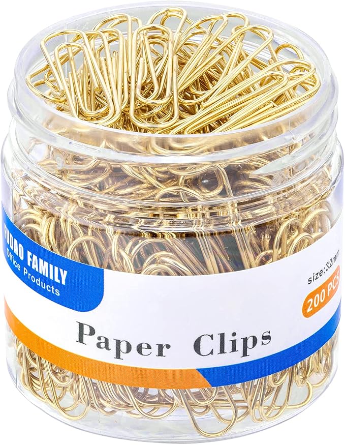 FUDAO FAMILY Medium Paper Clips, 200-Count, Paperclips, Gold Paper Clips, 1.3 Inch (32mm) Paper Clip (Pack of 2)