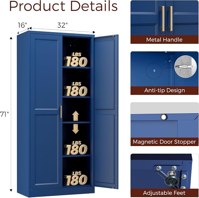 71" Tall Metal Kitchen Pantry Cabinet, Storage Cabinet with Doors | Kitchen Cabinet with 4 Adjustable Shelves, Tall Food Pantry Cabinet, Blue Cupboard for Kitchen, Dining Room, Garage & Office