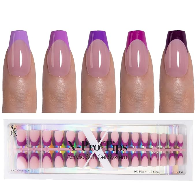 SXC Cosmetics French Tip Press On Nails 150 Pieces in 15 Sizes Ultra Fit with Pre-applied Tip Primer and Base Coat, No Need to File Fake Nails for Nail Art DIY X-Pro Tips (5PURPLE119-S Coffin)