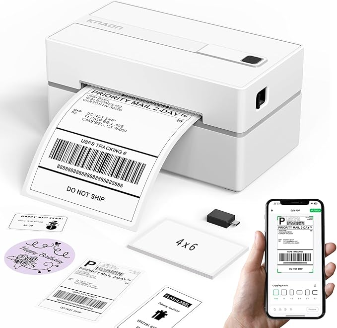 Bluetooth Thermal Shipping Label Printer, 4x6 Portable Thermal Address Label Printer for Small Business, Compatible with iPhone,Android,Windows,Mac–Works with Etsy Shopify USPS&More, White