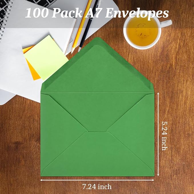 100 Pack A7 Envelopes, Green Greeting Card Envelopes Self Seal, 5.24 x 7.24 in Christmas Envelopes for Birthday Graduation Baby Shower Wedding