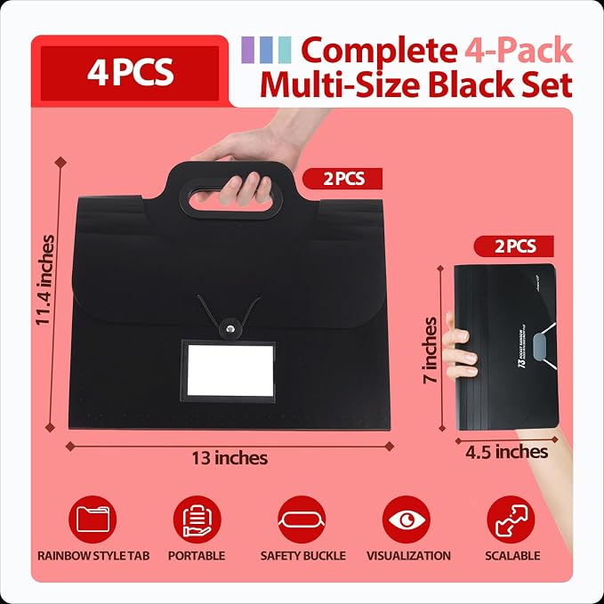 4 Pack File Folder Set | 2pcs A4 Black Expanding Document Organizer with Handle, 2pcs A6 Accordion File Organizer, Portable Filing Set for Offi