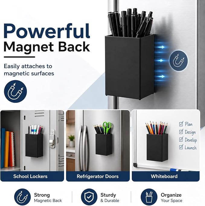 6 Pcs Classroom Magnetic Storage Boxes Acrylic Pencil Pen Holder Cup Storage Organizer Magnetic Dry Erase Marker Holder Containers for Whiteboard Refrigerator Locker Home Office School (Black)