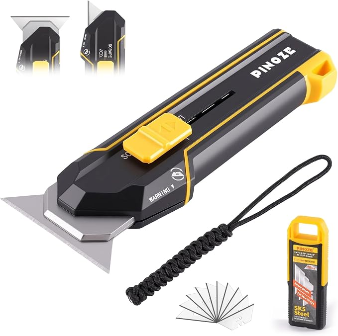 PINOZE Utility Knife Scraper, 3-in-1 Retractable Box Cutter with Lanyard & Blade Storage, Heavy Duty Zinc Alloy Multi-functional Knife with 10pcs SK2 Blades, EDC Tool for Home, Office, DIY