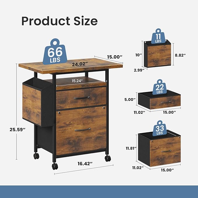 Simple Deluxe 2 Drawer File Cabinet with 24" Extended Desktop, Mobile Filing Cabinet, Rolling File Cabinet with Side Bag, Fabric Drawer, Fits A4/Letter Size, Printer Stand Home Office, Brown