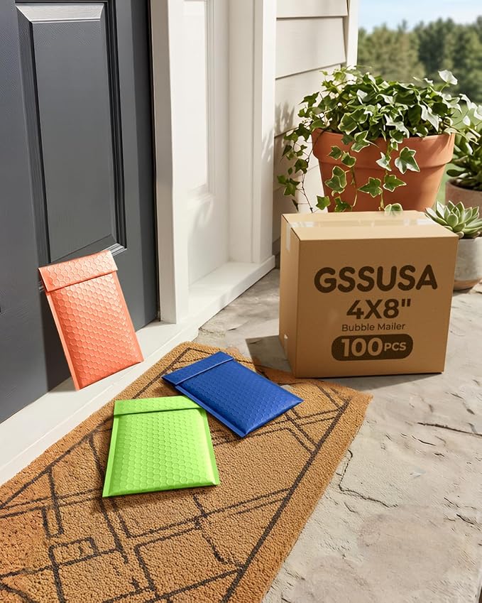 GSSUSA Orange Bubble Mailers 4x8 100 Pack, Self Seal Padded Envelopes | Usable Size 4x7, Waterproof, Opaque, #000, Colorful Mailing Bags For Cards, Jewelry, Gifts, Crafts, Small Businesses