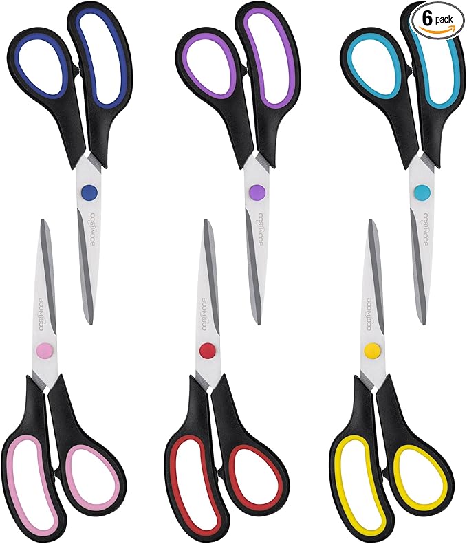 Scissors, BOOMIBOO 8" All Purpose 6 Pack - Comfort-Grip Scissors for Office Desk Accessories Sewing Fabric Home Craft School Supplies, Teacher/Class Supplies, Right/Left Handles