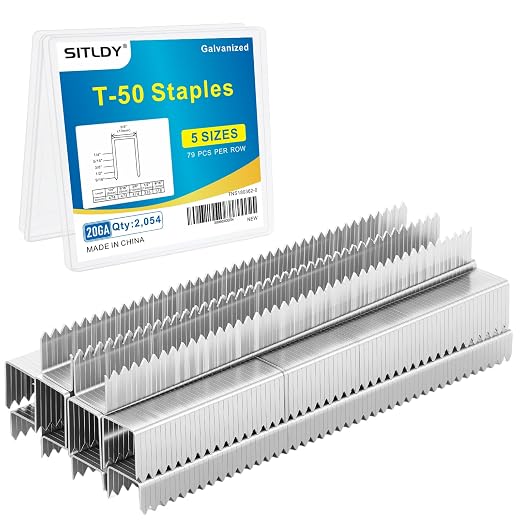 Heavy Duty T50 Staples 2054-Count 5 Sizes Galvanized 3/8" Crown | Includes: 1/4", 5/16", 3/8", 1/2", 9/16" Beveled Chiseled Pointed Assorted Size 20 Gauge Project Pack fit T50 Stapler