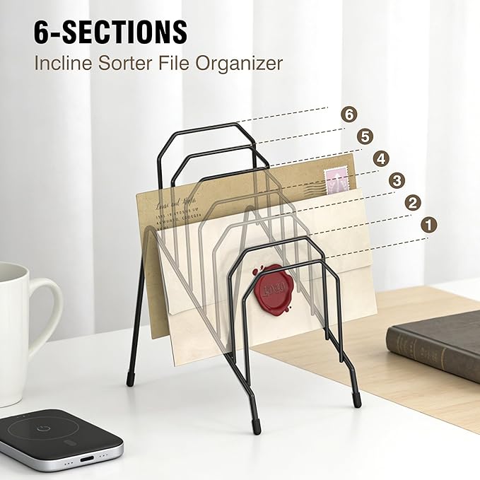 Incline Desk Mail Organizer, Mail Sorter Letter Organizer Rack with 6-Section Vertical Compartments Rack for Letters, Postcards, Brochures, Mail Holder for Office, Home, School (2 Pack)
