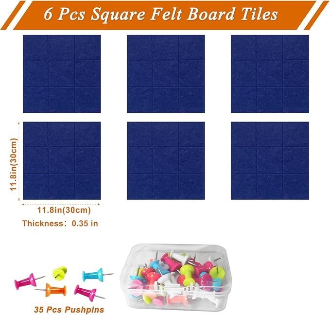 Large Square Felt Cork Board Tiles, Self Adhesive DIY Felt Bulletin Board Pin Board with 35 Pushpins for Office School Home Wall Decor Stickers Memos Photos Display (Dark Blue)