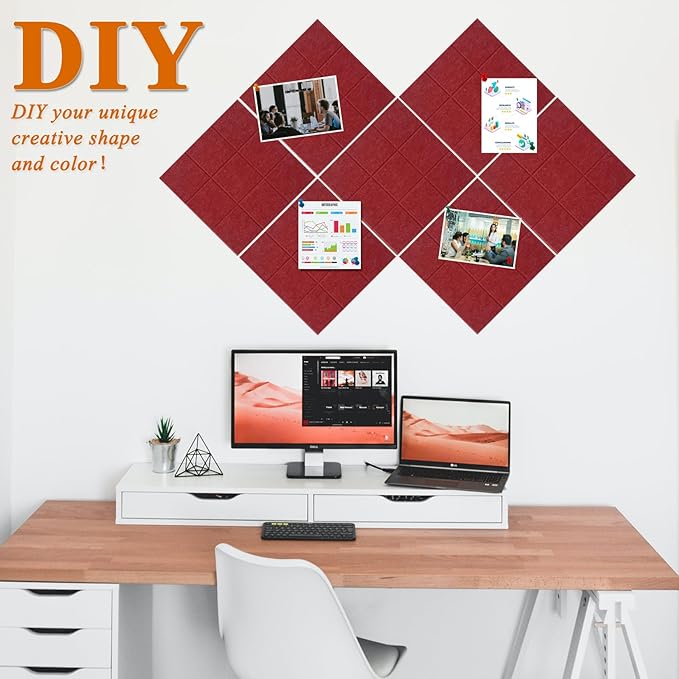 Large Square Felt Cork Board Tiles, Self Adhesive DIY Felt Bulletin Board Pin Board with 35 Pushpins for Office School Home Wall Decor Stickers Memos Photos Display (Red)