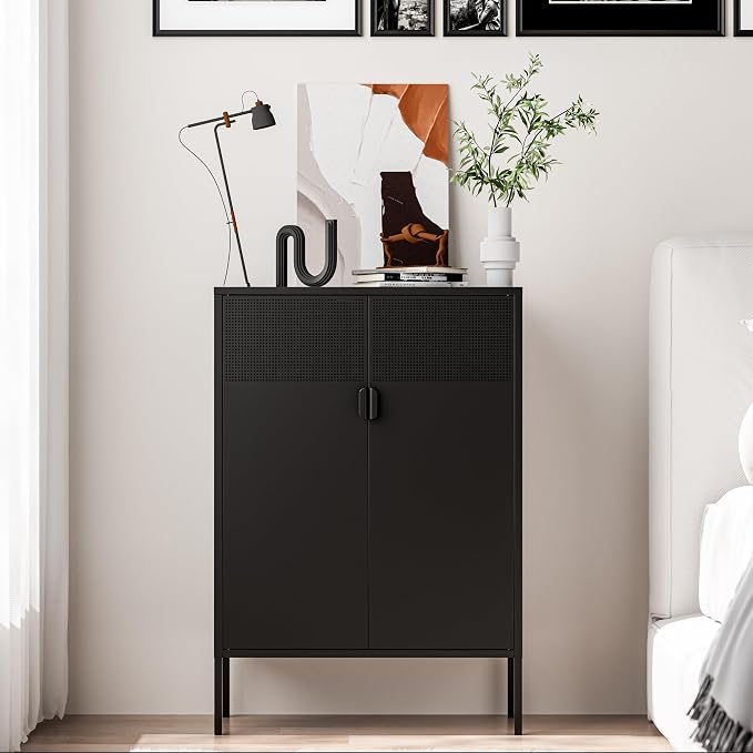 Washsemba 2 Mesh Door Metal Storage Cabinet with Adjustable Shelves, Multipurpose Black Storage Cabinet, 3-Tier Office Cabinet,Metal Storage Cabinet for Office Home,Hallway(Black, 47''H)