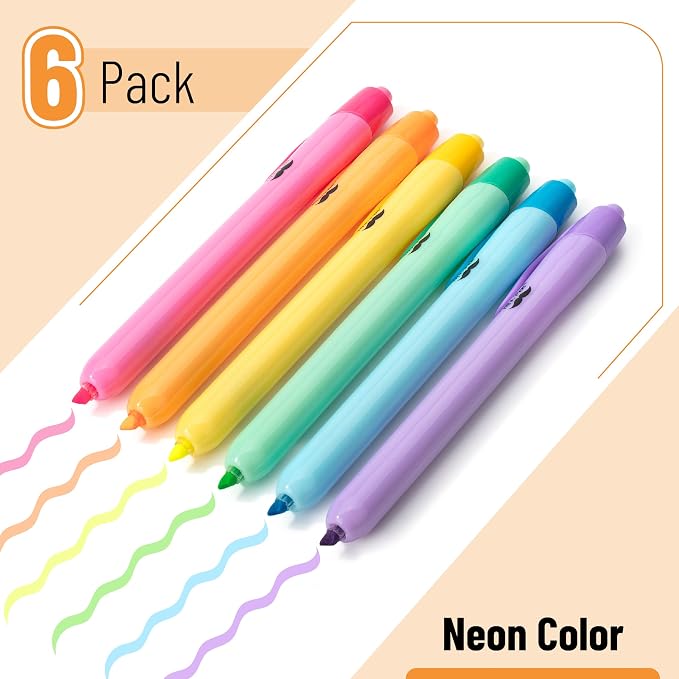 Mr. Pen- Retractable Highlighters, 6 Pack, Bright Colors | Chisel Tip Highlighter Marker Set, Click Highlighter Markers for Classroom, Journaling, Study Supplies