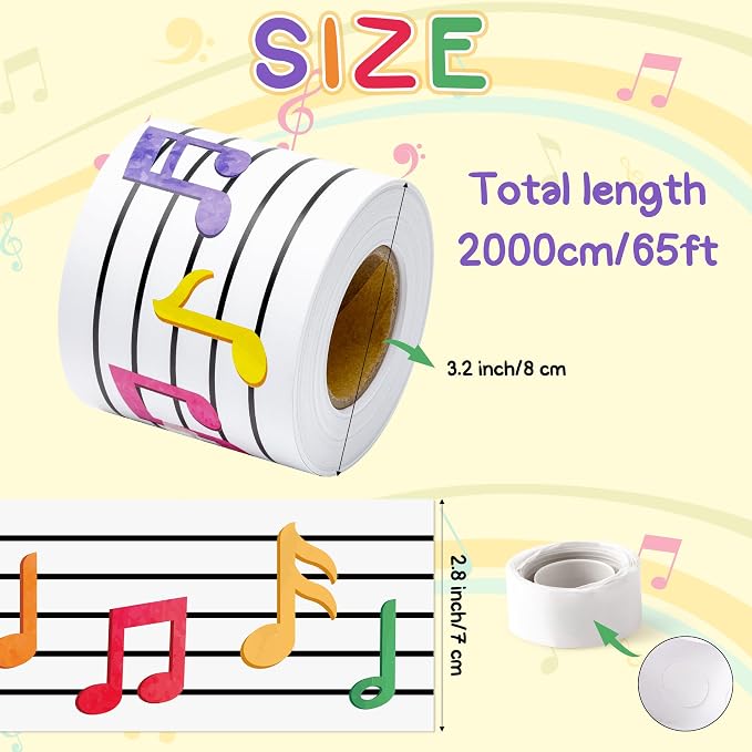 BeYumi Musical Notes Border Trim - 65ft Back to School Musical Notes Straight Rolled Border Trim Pastel Watercolor Bulletin Board Borders Music Themed School Classroom Office Chalkboard Party Decor