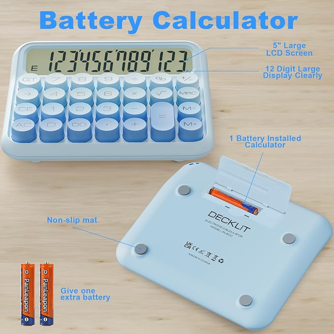 DECKLIT Battery Desk Calculator - 12 Digit Extra Large 5-Inch LCD Display, Big Buttons, 15 Tilt Screen (White)
