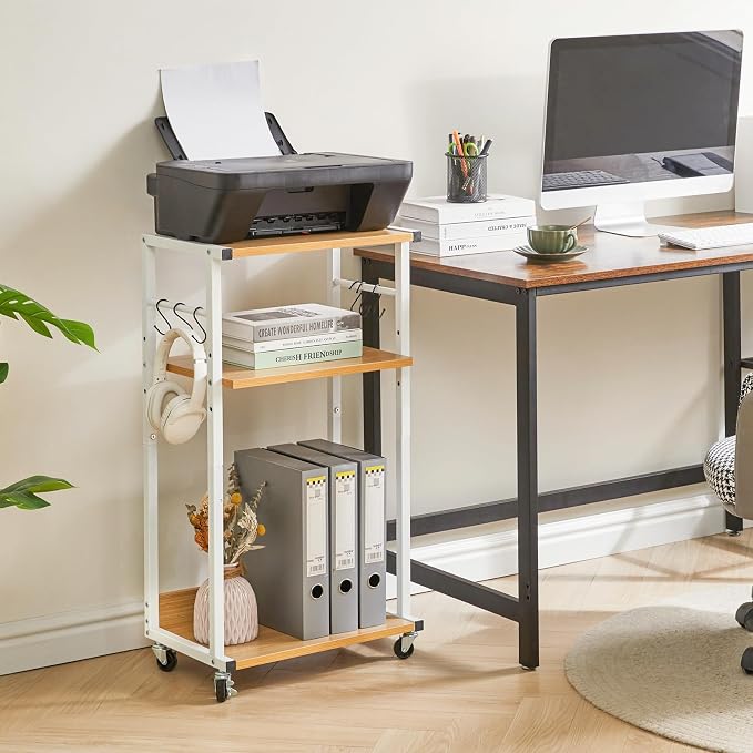 YMYNY 3-Tier Mobile Printer Stand 32.28 * 17.32 * 11.81" Natural HPT002N | Printer Cart with Adjustable Storage Shelf & 6 S-Hooks Tall Printer Table for Home Office,for Computer Tower Stand,Shredder